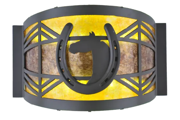 A horse portrait framed in a lucky horseshoe; is depicted on this handsome wall sconce. The fixture has an Amber Mica diffuser framed by hardware finished in Timeless Bronze. Handcrafted in the USA by Meyda artisans with integrated LED lamping for energy efficiency and long life. UL and cUL listed for dry and damp locations.