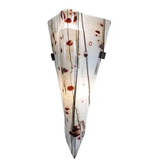 Italian for small branches or twigs. The Ramoscelli wall sconce features an abstract expressionist lighting design. Inspired by bare trees against a Winter White sky; this inverted shade highlights our innovative Fused Glass. White iridescent glass is fused with Black Twig-like streamers with Amber accents and Bronze Frit sprinkled across the shade. This extraordinary V-shaped wall sconce is ideal for foyers; corridors and other spaces in residences; home theaters; hotels; and restaurants. Traditional workmanship; high fire kilns and original tools are used to fuse glass in our 180;000 square foot manufacturing facility in Yorkville; NY. Diffuser colors; metal finishes & sizes can be customized. UL and cUL listed for dry and damp locations.