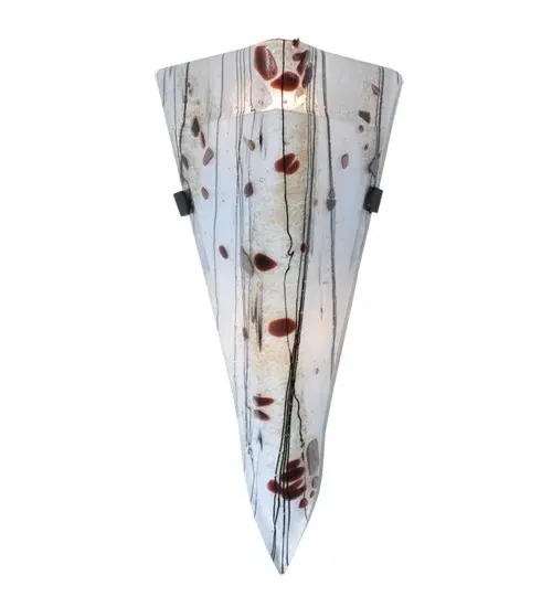Italian for small branches or twigs. The Ramoscelli wall sconce features an abstract expressionist lighting design. Inspired by bare trees against a Winter White sky; this inverted shade highlights our innovative Fused Glass. White iridescent glass is fused with Black Twig-like streamers with Amber accents and Bronze Frit sprinkled across the shade. This extraordinary V-shaped wall sconce is ideal for foyers; corridors and other spaces in residences; home theaters; hotels; and restaurants. Traditional workmanship; high fire kilns and original tools are used to fuse glass in our 180;000 square foot manufacturing facility in Yorkville; NY. Diffuser colors; metal finishes & sizes can be customized. UL and cUL listed for dry and damp locations. - alternate view