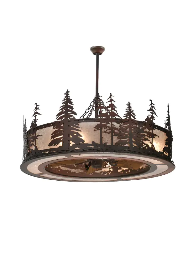 Whether you call it a Chandel-Air or a Fan-deLight" you can be the first kid on the block to enjoy the Ambiance of light diffused through beautiful Silver Mica, while you benefit from the gentle breezes produced from the 29" Fan spinning quietly in the center. Hand-crafted by Meyda Artisans in Yorkville NY. " Collection: Tall Pines Finish: Silver Mica Oiled Bronze//Dark Oak Blades Glass: Wrought Iron On Rust Width: 44.00" Height: 41.00" Length: 44.00" Weight: 102.00 lb Extension from Wall: 5.50" Number of Bulbs: 8 Maximum Wattage: 60.00 W Bulb Type: A19 Bulb Base: E26 Airflow: 2287 CFM Electricity Use: 46 W Material: Steel Country of Origin: USA Safety Listing: Dry Safety Rating: Damp