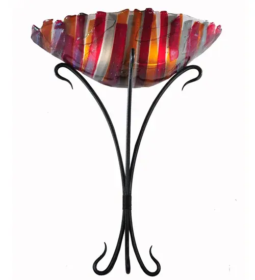 The Metro Fusion Lava Wall Sconce boasts a unique; cool look in hot glass. Hand-cut glass is high-fired to achieve a Red; Smoke; Amber; and Clear Iridescent Glass Lava shade; which is a striking look. The shade is enhanced with intricate Textured Black metal accents. The Metro Fusion Lava Wall Sconce is featured in our American-made; American-designed; handcrafted Fused Glass Lighting Collection. The fixture is UL and cUL listed for dry and damp locations. Each fixture is a unique work of art; with color variations based on the natural ingredients inherent in the glass. The Quality Bent Glass division of Meyda Tiffany Lighting is over 100 years in the making. Today; we are still creating timeless masterpieces using tools and methods from the days when we supplied Tiffany Studios. Fused glass colors and metal finishes are customizable; as each fixture is handcrafted to order.