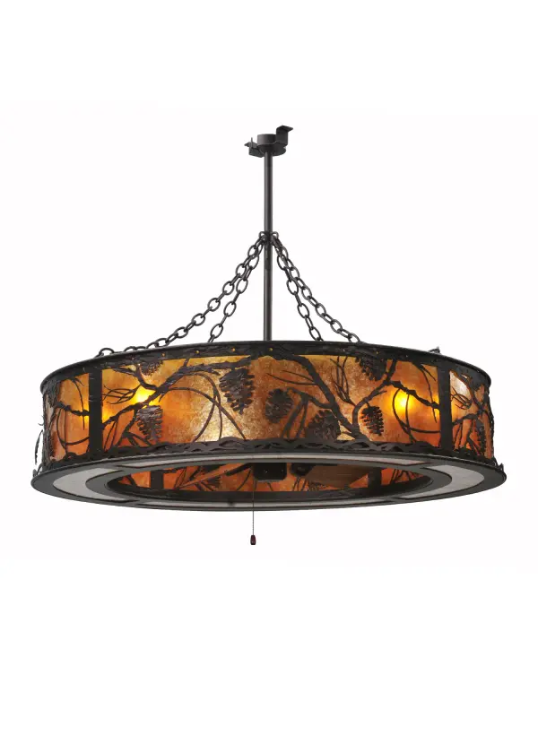 Whether we you call it the award-winning Chandel-Air or a Fan-deLight you can be the first kid on the block to enjoy the ambiance of light diffused through the rustic shade's Amber Mica panels featuring Barkerized pine cones and pine branches. Gentle breezes are produced from the 29 inch Max Air Fan spinning quietly in the center. Hand finished in a handsome Mahogany Bronze and handcrafted by Meyda Artisans in Yorkville NY. Create the design colors; and the size and style of your choice. Can be adjusted to accommodate flat or vaulted ceilings of any pitch or height. Operates with optional 2-circuit remote control with 3-speed fan control and dimming capabilities up to 200 watt maximum. Energy efficient lamping options available.