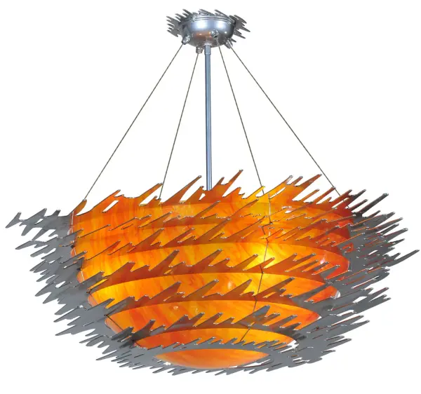 A striking unique design that combines industrial and modern styling. Electric Sunset features an Ambra Siena Idalight shade highlighted with Chrome powdercoated silhouettes representing the brilliant rays of the sun lowering on the horizon. Handmade by highly skilled artisans in the USA. Custom colors, styles, sizes and dimmable energy efficient lamping options such as LED are available. The ceiling fixture is UL and cUL listed for dry and damp locations. Collection: Electric Sunset Finish: Extreme Chrome Glass: Flame Idalight Notes: Custom Crafted In Yorkville, New York Please Allow 30 Days Width: 39.00" Height: 24.50" Length: 39.00" Weight: 25.00 lb Number of Bulbs: 3 Maximum Wattage: 60.00 W Bulb Type: A19 Bulb Base: E26 Material: Steel Country of Origin: USA Safety Listing: Damp Safety Rating: Damp
