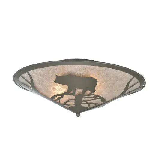 A majestic Bear meanders through the woodland in this stunning lighting design. A bear silhouette is featured in Timeless Bronze on a Silver Mica lens. This striking cone-shaped ceiling fixture is ideal for illuminating dining tables; lobbies; entryways; and other residential; hospitality; and commercial spaces from Allentown; Pennsylvania; to Norman; Oklahoma; to Vallejo; California. The Bear on the Loose Flushmount is featured in our American-made; American-designed; handcrafted Wildlife Lighting Collection. This fixture is manufactured in Yorkville; New York. UL and cUL listed for dry and damp locations. Upstate New York's adventurous playland; known as the Adirondack Mountains; with its many breathtaking forests; lakes; and rivers; is the spiritual birthplace of Meyda and inspires our rustic-themed mica collections. - alternate view