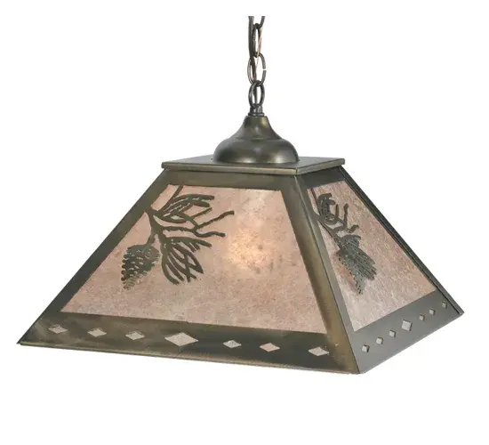 Balsam Pinecones and Pine Needles are captured beautifully and dramatically in an Antique Copper finish; to match the ceiling pendant frame and hardware. The shade features a stunning Silver Mica lens. The fixture is ideal for illuminating dining areas; entryways; and other residential; hospitality; and commercial spaces. The overall height ranges from 15.5 to 45.5 inches; as the chain can be easily adjusted on location. The Balsam Pine Pendant is included in our American-made; American-designed; handcrafted Nature Inspired Lighting Collection and manufactured in Yorkville; New York. UL and cUL listed for dry and damp locations. Upstate New York's adventurous playland; known as the Adirondack Mountains; with its many breathtaking forests; lakes; and rivers; is the spiritual birthplace of Meyda and inspires our rustic-themed collections.