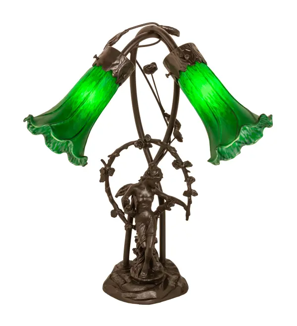Inspired by Tiffany's famous Pond Lily design from the early 1900s... This table lamp is created with two mouth blown shades featuring Green art glass. The Pond Lily shades are embraced by an elegant Cast Bronze Base featuring a girl under a trellis and finished in a rich Mahogany patina. The Pond Lily Table Lamp is included in our American designed; handcrafted Favrile Lighting Collection. UL and cUL listed for dry locations. Each shade is a unique work of art with color variations based on natural ingredients inherent in the glass. Contact us if color matching is critical when ordering multiple items.