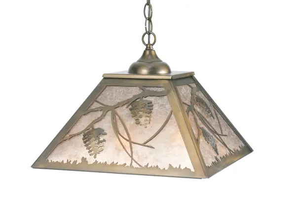Listen closely.You can almost hear the soft whisper of the pine branches as they dance in the wind.Enjoy the warm ambiance of soft beautiful light diffused through this rustic shade?s Silver Mica panels featuring stunning pinecone and pine branch designs. Hand finished in handsome Antique Copper and handcrafted by Meyda Artisans in Yorkville, New York.Create the design, colors, and the size and style of your choice.Energy efficient lamping options available. Collection: Whispering Pines Finish: Antique Copper Glass: Silver Mica Notes: Custom Crafted In Yorkville, New York Please Allow 30 Days Width: 22.00" Height: 15.50" Length: 16.00" Weight: 8.00 lb Number of Bulbs: 2 Maximum Wattage: 60.00 W Bulb Type: A19 Bulb Base: E26 Material: Steel Country of Origin: USA Safety Listing: Damp Safety Rating: Damp
