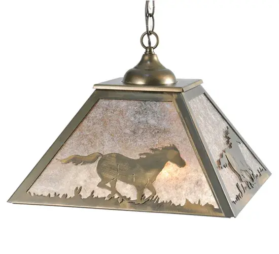 A Running Horses is shown galloping on the prairie on this handsome inverted ceiling fixture. Beautiful ambient lighting is projected through Silver Mica diffuser panels and hand finished in Antique Copper. The overall height ranges from 15.5 to 44 inches as the chain length can be easily adjusted in the field to accommodate your specific lighting needs. Made to Order in our 180;000 sq. ft. manufacturing facility in Yorkville; NY at the foothills of the breathtaking Adirondack Mountains. Pendant sizes; metal finishes and shade colors and materials can be customized. UL and cUL listed for damp and dry locations.