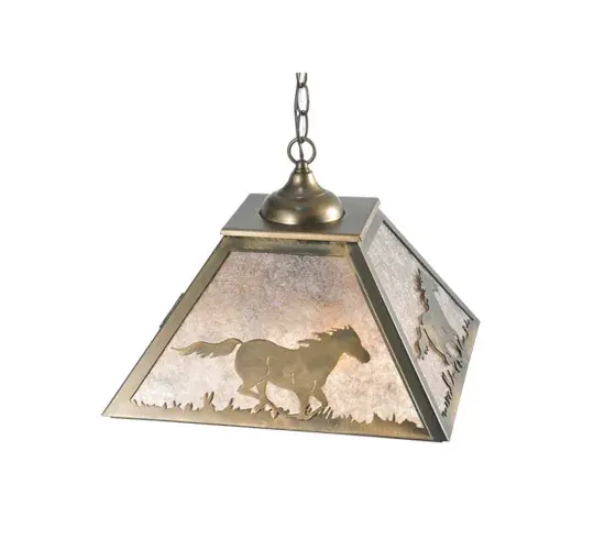 A Running Horses is shown galloping on the prairie on this handsome inverted ceiling fixture. Beautiful ambient lighting is projected through Silver Mica diffuser panels and hand finished in Antique Copper. The overall height ranges from 15.5 to 44 inches as the chain length can be easily adjusted in the field to accommodate your specific lighting needs. Made to Order in our 180;000 sq. ft. manufacturing facility in Yorkville; NY at the foothills of the breathtaking Adirondack Mountains. Pendant sizes; metal finishes and shade colors and materials can be customized. UL and cUL listed for damp and dry locations. - alternate view