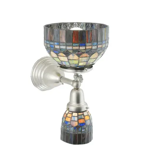 In the early 20th century; Tiffany Studios used its artful mastery to develop the look of woven fabric with a fringed skirt out of glass. Meyda Tiffany has taken that concept one step further and transformed into a two light wall sconce. The shades feature Multi-hued Amber Plum fringe crowning a dome of art glass brickwork design that reveals hues of Emerald; Cobalt; Heather; Navy; Teal and Amber. The art glass shades are created using the famous Meyda Tiffany copperfoil construction process. The fixture is hand finished in Brushed Nickel. The larger shade provides indirect light upwards and recreates a gas-powered fixture while the smaller goblet shade delivers down lighting and re-creates early electric fixtures back in the day. - alternate view