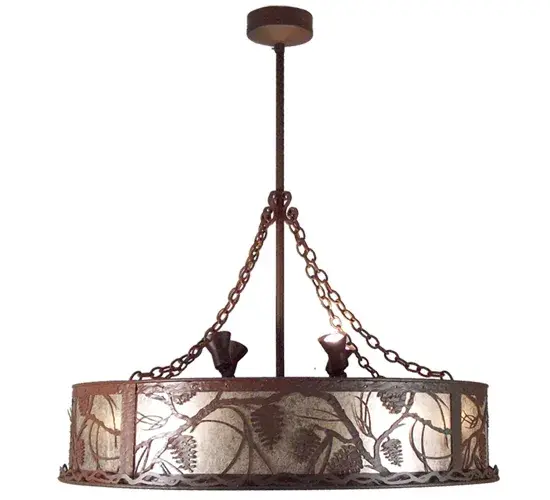 Whether we you call it the award-winning Chandel-Air or a Fan-deLight you can be the first kid on the block to enjoy the ambiance of light diffused through the rustic shade's Silver Mica panels featuring pine cones and pine branches. Gentle breezes are produced from the 29 inch max Air Fan spinning quietly in the center. Hand finished in a handsome Mahogany Bronze and handcrafted by Meyda Artisans in Yorkville NY. Create the design colors, and the size and style of your choice. Can be adjusted to accommodate flat or vaulted ceilings of any pitch or height. Operates with optional 2-circuit remote control with 3-speed fan control and dimming capabilities up to 200 watt maximum. Energy efficient lamping options available. UL listed. Collection: Whispering Pines Finish: Rust Wrought Iron Ob/Lok Glass: Silver Mica Oiled Bronze//Light Oak Blades Width: 44.00" Height: 58.00" Length: 44.00" Weight: 115.00 lb Extension from Wall: 4.50" Number of Bulbs: 8 Maximum Wattage: 100.00 W Bulb Type: A19 Bulb Base: Medium Airflow: 2287 CFM Electricity Use: 46 W Material: Steel Country of Origin: USA Safety Listing: Damp Safety Rating: Damp
