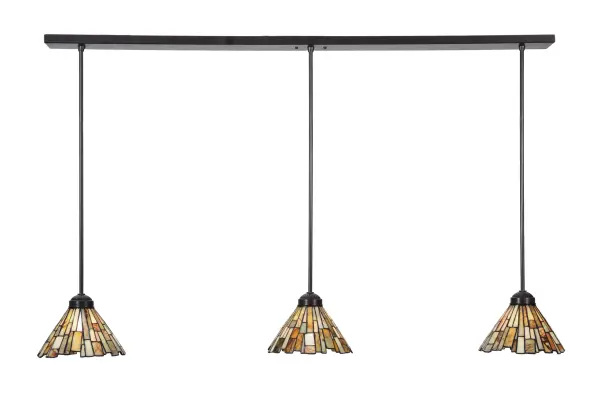 Thinly hand carved and polished natural Jadestone in earthy tones of Moss Green; Tan; Natural Ivory and Coral become luminescent in these three unique tile patterned shades. The natural stone shades are crafted using the famous copperfoil construction process that creates Tiffany stained glass lamps and fixtures. The hardware is finished in a stunning Timeless Bronze. Ideal for placement as a pendant over a kitchen island or counter; billiard table or dining table.