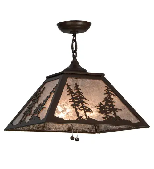 A stunning nature inspired stand of Tall Pines highlighted while the morning sun rises in the background. Warm soft ambient light is diffused beautifully through Silver Mica and complemented with a Cafe Noir finish. Handcrafted in the Meyda manufacturing facility at the foothills of the Adirondack Mountains. Custom options available. - alternate view