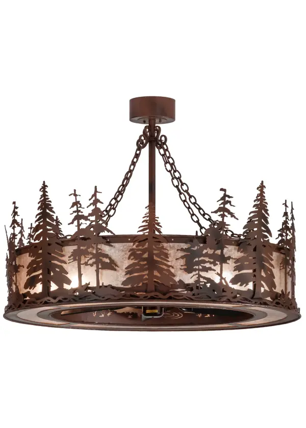 Whether you call it a "Chandel-Air" or a "Fan-deLight" you can be the first kid on the block to enjoy the Ambiance of light diffused through beautiful Silver Mica, while you benefit from the gentle breezes produced from the 30" Fan spinning quietly in the center. A stunning nature inspired stand of Tall Pines accents the lens. Wrought Iron finished accents and frame. Handcrafted in the Meyda manufacturing facility, located at the foothills of the Adirondack Mountains. Custom sizes, styles and colors are available. Energy efficient lamping options such as LED are offered. This fixture is UL and cUL listed for damp and dry locations. Collection: Tall Pines Finish: Silver Mica Oiled Bronze Glass: Wrought Iron On Rust Ac Motor Notes: Chandel-Air Width: 45.00" Height: 33.00" Length: 45.00" Weight: 95.00 lb Number of Bulbs: 8 Maximum Wattage: 60.00 W Bulb Type: A19 Bulb Base: E26 Airflow: 2287 CFM Electricity Use: 46 W Material: Steel Country of Origin: USA Safety Listing: Damp Safety Rating: Damp
