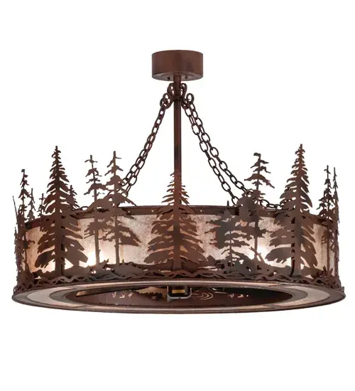 Whether you call it a "Chandel-Air" or a "Fan-deLight" you can be the first kid on the block to enjoy the Ambiance of light diffused through beautiful Silver Mica, while you benefit from the gentle breezes produced from the 30" Fan spinning quietly in the center. A stunning nature inspired stand of Tall Pines accents the lens. Wrought Iron finished accents and frame. Handcrafted in the Meyda manufacturing facility, located at the foothills of the Adirondack Mountains. Custom sizes, styles and colors are available. Energy efficient lamping options such as LED are offered. This fixture is UL and cUL listed for damp and dry locations. Collection: Tall Pines Finish: Silver Mica Oiled Bronze Glass: Wrought Iron On Rust Ac Motor Notes: Chandel-Air Width: 45.00" Height: 33.00" Length: 45.00" Weight: 95.00 lb Number of Bulbs: 8 Maximum Wattage: 60.00 W Bulb Type: A19 Bulb Base: E26 Airflow: 2287 CFM Electricity Use: 46 W Material: Steel Country of Origin: USA Safety Listing: Damp Safety Rating: Damp - alternate view