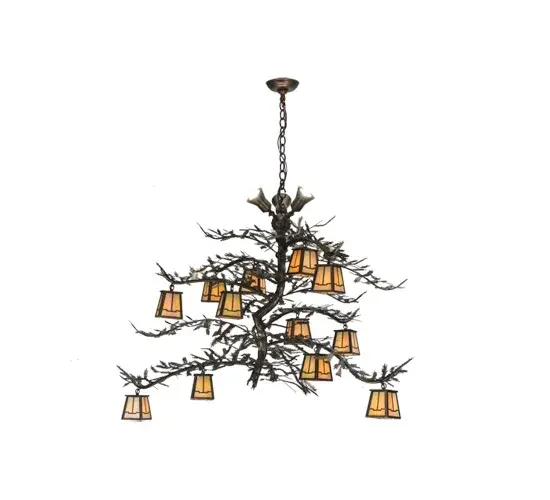 Invite the natural charm of the American woodlands into your home with this rustic chandelier. 12 Beige Iridescent art glass lanterns offered in a stunning Arts & Crafts design adorn Pine Branch shaped arms which are accented with Green Handpainted Pine Needle metal accents. Three custom supplied uplights provide ambient illumination above. This stunning elaborate chandelier is enhanced with an Antique Copper finish. Overall height ranges from 41.5 to 71.5 inches as the chain can easily be adjusted in the field. Made to Order in our 180,000 sq ft manufacturing facility in Yorkville, NY at the foothills of the Adirondack Mountains in the US. Customize lantern colors, metal finish and fixture sizes. UL and cUL listed for dry and damp locations. Collection: Pine Branch Finish: Antique Copper Green Needles Glass: Beige Iridescent Glass Notes: Custom Crafted In Yorkville, New York Please Allow 30 Days Width: 52.00" Height: 41.50" Length: 32.00" Weight: 32.00 lb Extension from Wall: 11.75" Number of Bulbs: 3 Maximum Wattage: 50.00 W Bulb Type: MR16 Bulb Base: E26 Material: Steel Country of Origin: USA Safety Listing: Dry Safety Rating: Dry