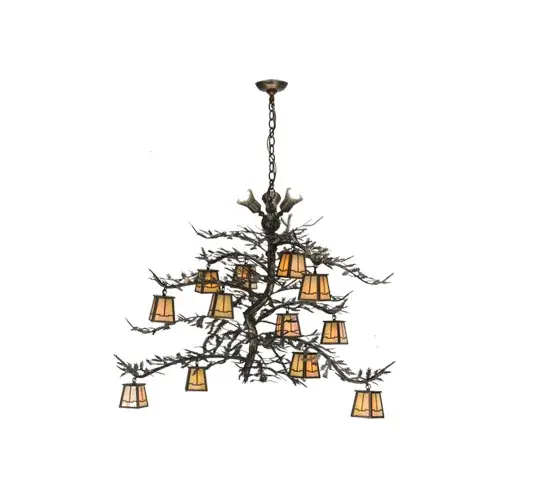 Invite the natural charm of the American woodlands into your home with this rustic chandelier. 12 Beige Iridescent art glass lanterns offered in a stunning Arts & Crafts design adorn Pine Branch shaped arms which are accented with Green Handpainted Pine Needle metal accents. Three custom supplied uplights provide ambient illumination above. This stunning elaborate chandelier is enhanced with an Antique Copper finish. Overall height ranges from 41.5 to 71.5 inches as the chain can easily be adjusted in the field. Made to Order in our 180,000 sq ft manufacturing facility in Yorkville, NY at the foothills of the Adirondack Mountains in the US. Customize lantern colors, metal finish and fixture sizes. UL and cUL listed for dry and damp locations. Collection: Pine Branch Finish: Antique Copper Green Needles Glass: Beige Iridescent Glass Notes: Custom Crafted In Yorkville, New York Please Allow 30 Days Width: 52.00" Height: 41.50" Length: 32.00" Weight: 32.00 lb Extension from Wall: 11.75" Number of Bulbs: 3 Maximum Wattage: 50.00 W Bulb Type: MR16 Bulb Base: E26 Material: Steel Country of Origin: USA Safety Listing: Dry Safety Rating: Dry - alternate view