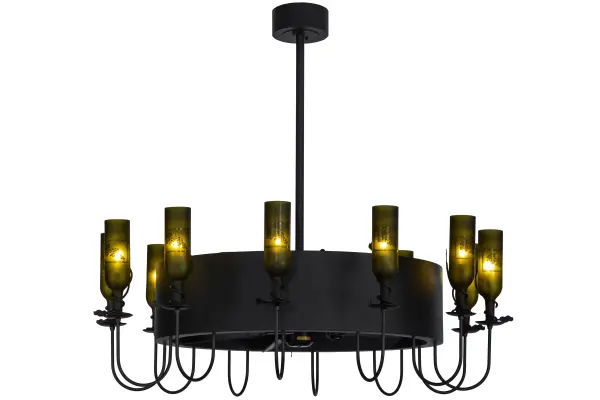 A taste of Italy meets custom lighting and fan technological innovation as a dozen inverted Antique Green Frosted wine bottles are supported by curved arms with bobeches for beautiful ambient lighting. Each bottle is delicately etched with an appealing Grape design complemented with hand forged iron Grape Vine wrap around its neck. This Chandel-Air is so cool and so much fun that you may want to hang from this fixture. But don't. A unique conversation piece. This gothic rustic frame encases a 30-inch fan that spins quietly in the center with superb efficiency. Custom crafted in the USA.
