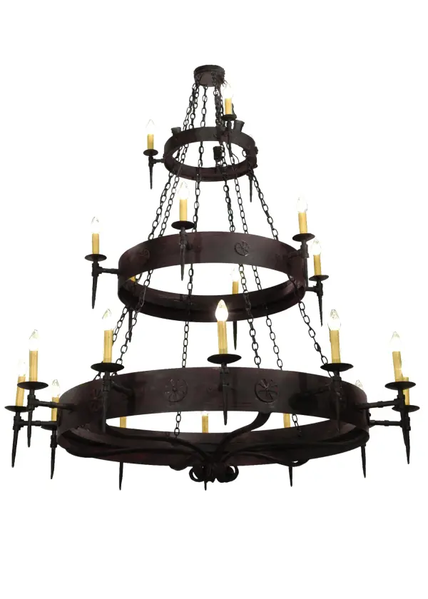 Bring the Gothic Revival into your home with MeydaLighting's elaborate Warwick Chandelier, which integrates a rustic Motif with gothic style. Faux candles perched atop holders on three rings featuring spearhead accents, provide lighting that conjures up images of romanticized bygone days. Decorated with cast iron medallions and coated with a Dark Roast finish, it completes the evocative impression. Custom crafted in Yorkville, New York by Meyda artisans. Collection: Warwick Finish: Dark Roast Glass: Sunflower,Amber,Chocolate,White Width: 72.00" Height: 77.00" Length: 72.00" Number of Bulbs: 21 Maximum Wattage: 60.00 W Bulb Type: A19 Bulb Base: E26 Material: Steel Country of Origin: USA Safety Listing: Damp Safety Rating: Damp