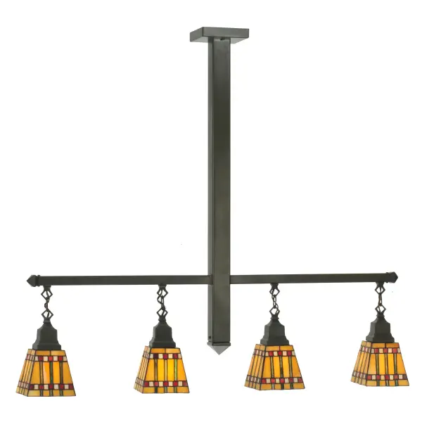 Utilizing a love for geometric forms; this Prairie styled design interprets organic objects into simplified lines with 4 art glass shades designed with rows of Chili Red and Wheat kernels and stalks of Bronzed Jade against a Maize Gold background. The famous Meyda Tiffany copperfoil construction is used to create the shades; which are paired with metal hardware featured in a Timeless Bronze finish. Perfect for display over islands; billiard tables; counters and other tabletops and surfaces. Custom colors; styles and sizes are available; as well as dimmable energy efficient lamping options such as LED. UL and cUL listed for damp and dry locations.