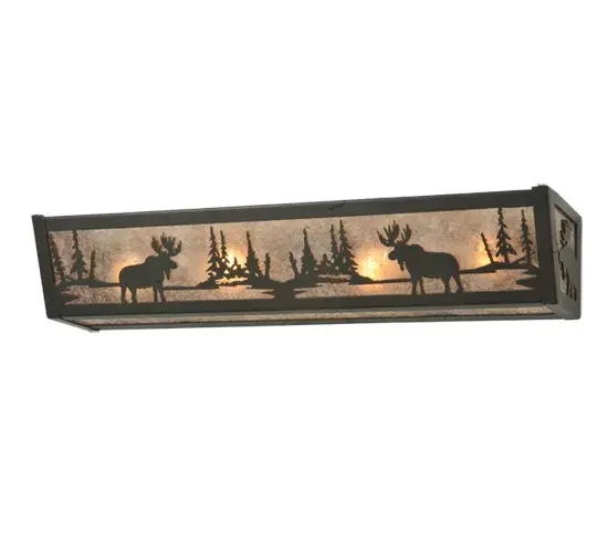 The majestic Moose stands alongside a woodland lake as ambient light projects from a stunning Silver Mica lens. The frame and hardware is hand finished in Timeless Bronze. Ideal as a vanity light for a fine bath or as a wall sconce to illuminate hallways and other spaces. The wall fixture is handmade by highly skilled artisans in our 180,000 square foot manufacturing facility, at the foothills of New York's glorious Adirondack Mountains. Dimmable energy efficient lamping options are available, as well as custom styles, colors and sizes. UL and cUL listed for dry and damp locations. Collection: Moose At Lake Finish: Timeless Bronze Glass: Silver Mica Notes: Custom Crafted In Yorkville, New York Please Allow 30 Days Width: 24.00" Height: 4.50" Length: 5.50" Weight: 5.00 lb Extension from Wall: 5.50" Number of Bulbs: 4 Maximum Wattage: 60.00 W Bulb Type: A19 Bulb Base: E26 Material: Steel Country of Origin: USA Safety Listing: Damp Safety Rating: Damp - alternate view