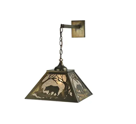 Bring natural beauty into your home with this Black Bear which is depicted strolling through the woods on this hanging wall sconce. The rustic fixture features stunning Silver Mica diffuser panels and is enhanced with an Antique Copper finish. This wall canopy and custom wiring is designed to suspend a pendant in a space with unique ceiling and J-box challenges. Call us today for your custom wiring and mounting solutions. The Bear at Dawn Wall Sconce is Domestically Produced in the USA at our Yorkville; NY manufacturing facility. Customize shade colors/designs; metal finishes and fixture sizes. UL and cUL listed for dry and damp locations. - alternate view