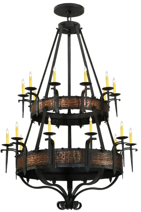Hand hammered Blackened Textured Copper Metal Banded belts embellish two Costello Black finished tiers of this breathtaking chandelier. 20 Ivory faux candlelights embraced by delicate bobeches are attached to curved arms. Make an impressive design statement in lobbies, conference rooms, entryways and other spaces. Overall height ranges from 72 to 189 inches as the chain length can be easily adjusted in the field to accommodate your specific lighting application needs. Handcrafted in our 180,000 square foot manufacturing facility in Yorkville, NY. Fixture designs, metal finishes and chandelier sizes can be customized to meet your needs. UL and cUL listed for damp and dry locations. Collection: Costello Finish: Costello Black & Blackend Banding Glass: Black Glass,Chocolate,Beige Width: 48.00" Height: 71.00" Length: 48.00" Weight: 180.00 lb Number of Bulbs: 20 Maximum Wattage: 60.00 W Bulb Type: BA9 Bulb Base: E12 Material: Steel Country of Origin: USA Safety Listing: Damp Safety Rating: Damp