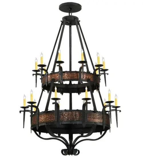 Hand hammered Blackened Textured Copper Metal Banded belts embellish two Costello Black finished tiers of this breathtaking chandelier. 20 Ivory faux candlelights embraced by delicate bobeches are attached to curved arms. Make an impressive design statement in lobbies, conference rooms, entryways and other spaces. Overall height ranges from 72 to 189 inches as the chain length can be easily adjusted in the field to accommodate your specific lighting application needs. Handcrafted in our 180,000 square foot manufacturing facility in Yorkville, NY. Fixture designs, metal finishes and chandelier sizes can be customized to meet your needs. UL and cUL listed for damp and dry locations. Collection: Costello Finish: Costello Black & Blackend Banding Glass: Black Glass,Chocolate,Beige Width: 48.00" Height: 71.00" Length: 48.00" Weight: 180.00 lb Number of Bulbs: 20 Maximum Wattage: 60.00 W Bulb Type: BA9 Bulb Base: E12 Material: Steel Country of Origin: USA Safety Listing: Damp Safety Rating: Damp - alternate view