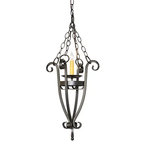 Elegance with a rustic touch. A Wrought Iron finished frame serves as the centerpiece of this handsome pendant. An Ivory faux candlelight illuminates while embraced by a bobeche attached to a sturdy frame with hardware featured in a matching finish. Highly skilled artisans utilize Hand Forged Iron techniques to create beautiful scrollwork. Custom crafted in our 180;000 square foot manufacturing facility in Yorkville; NY. Special sizes; styles and colors are available. UL and cUL listed for dry and damp locations. - alternate view