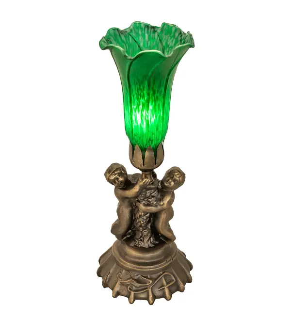 Inspired by the famous Tiffany design from the early 1900s. This mini lamp features a stunning shade mouth blown of fine Green art glass. The Pond Lily shade is embraced by an elegant cast base featuring two cherubs finished by hand in Antique Brass. The Pond Lily Table Lamp is featured in our American designed; handcrafted Favrile Glass Collection. UL and cUL listed for dry locations. Each shade is a unique work of art with color variations based on natural ingredients inherent in the glass. Contact us if color matching is critical when ordering multiple items.