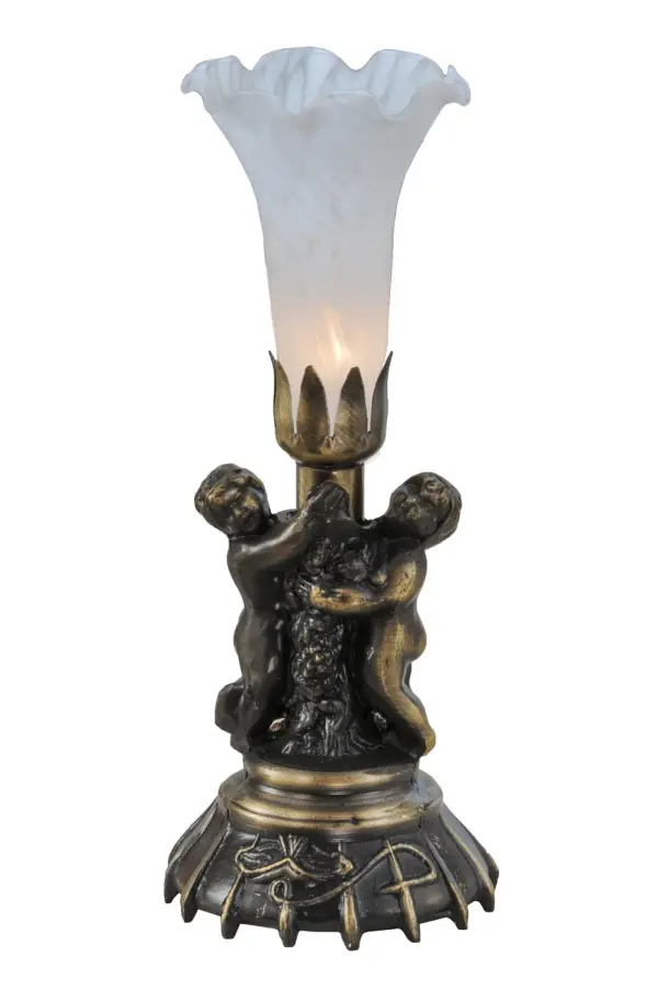 Inspired by the famous Tiffany design from the early 1900s. This mini lamp features a stunning shade mouth blown of fine Red and White art glass. The Pond Lily shade is embraced by an elegant cast base featuring two cherubs finished by hand in Antique Brass. The Pond Lily Table Lamp is featured in our American designed, handcrafted Favrile Glass Collection. UL and cUL listed for dry locations. Each shade is a unique work of art with color variations based on natural ingredients inherent in the glass. Contact us if color matching is critical when ordering multiple items. Collection: White Sub-Brand: ,,,,,,,,,,,,,,,,,, Finish: Antique Brass Glass: White Width: 5.00" Height: 13.00" Length: 5.00" Weight: 2.00 lb Number of Bulbs: 1 Maximum Wattage: 60.00 W Bulb Type: B10 Bulb Base: E12 Material: Zinc Country of Origin: CHINA Safety Listing: Dry Safety Rating: Dry
