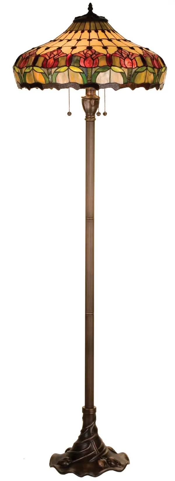 Pearlescent Beige glass panels with Plum Pink Colonial Tulips Setting atop Spring Green leaves are accented with Amethyst jewels and waves of Mahogany Granite glass. The Mahogany Bronze finished Floor lamp base repeats the Tulip pattern with embossed waves and swirling leaves.
