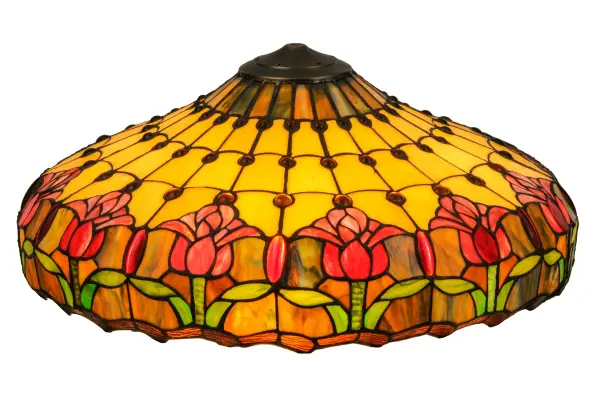 Pearlescent Beige glass panels with Plum Pink Colonial Tulips Setting atop Spring Green leaves are accented with Amethyst jewels and waves of Mahogany Granite glass. The shade pairs well with a lamp base or matches with hardware to create ceiling and wall fixtures. The Colonial Tulip Shade is featured in our American-designed; handcrafted Stained Glass Lighting Collection. Each shade is a unique work of art with color variations based on natural ingredients inherent in the glass.
