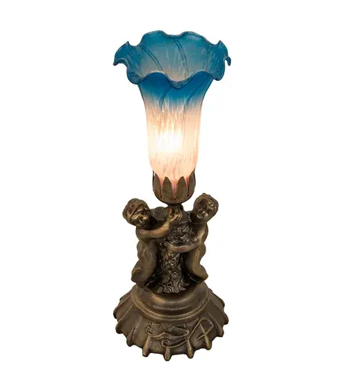 Inspired by the famous Tiffany design from the early 1900s. This mini lamp features a stunning shade that is mouth blown of Pink and Blue art glass. The Pond Lily shade is embraced by an elegant cast base featuring two cherubs finished by hand in Antique Brass. The Pond Lily Mini Lamp is featured in our American designed; handcrafted Favrile Glass Collection. UL and cUL listed for dry locations. Each shade is a unique work of art with color variations based on natural ingredients inherent in the glass. Contact us if color matching is critical when ordering multiple items. - alternate view