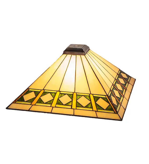 Simple clean lines and geometric shapes are the hallmark of the Mission style. This sleek Bisque Beige stained glass shade features a simple; elegant diamond pattern in Beige accented with Amber; Jade and Peridot borders. The shade is created with the famous Meyda Tiffany copperfoil construction technique. Pairs well with a base to create a table or floor lamp; or match with hardware to build a ceiling or wall fixture. The Diamond Band Mission Shade is included in our American designed; handcrafted Mission Lighting Collection. Each shade is a unique work of art with color variations based on natural ingredients inherent in the glass. Contact us if color matching is critical when ordering multiple items.
