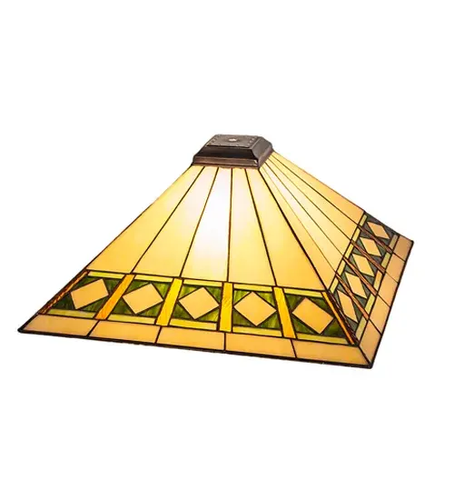 Simple clean lines and geometric shapes are the hallmark of the Mission style. This sleek Bisque Beige stained glass shade features a simple; elegant diamond pattern in Beige accented with Amber; Jade and Peridot borders. The shade is created with the famous Meyda Tiffany copperfoil construction technique. Pairs well with a base to create a table or floor lamp; or match with hardware to build a ceiling or wall fixture. The Diamond Band Mission Shade is included in our American designed; handcrafted Mission Lighting Collection. Each shade is a unique work of art with color variations based on natural ingredients inherent in the glass. Contact us if color matching is critical when ordering multiple items. - alternate view