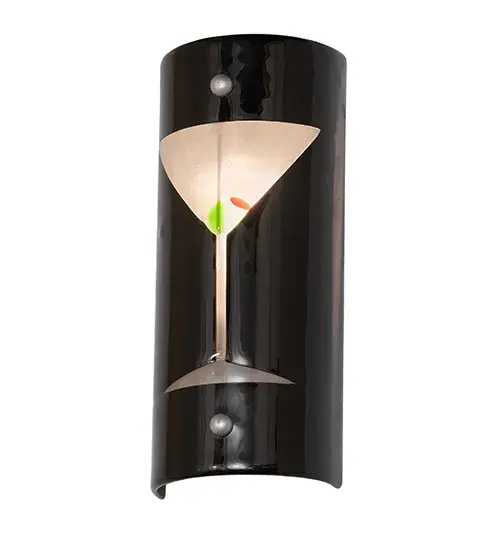 Step up to the bar with this Metro Fusion wall sconce. Ready to light up your evening; a solitary Martini glass; complete with olive; waits against a Tuxedo Black wall. This fun sconce shade is suspended by Nickel powder coated hardware. Designed and created by Meyda artists and craftsmen; hand cut pieces of glass are fused together; resulting in unique and contemporary color combinations; styles and shapes. This sconce is ADA compliant. - alternate view
