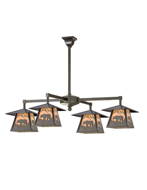 This handsome Craftsman-style Brass ceiling pendant is inspired by the Arts and Crafts movement. Each of the four shades features a majestic Bear meandering through the woodlands as the sun rises on an Amber Mica lens; with a frame and hardware in a Craftsman Brown finish. The fixture is perfect for illuminating interiors and various exteriors; such as a covered porch or outdoor seating area of timber homes; modern farmhouses; and other spaces. The Stillwater Bear at Dawn 4 Light Chandelier is included in our American-made; American-designed; handcrafted Craftsman Signature Series and manufactured in Yorkville; New York. UL and cUL listed for dry and damp locations. Our Build Your Own Craftsman Signature Series features unlimited combinations of styles. The collection is called Build Your Own because it is fully configurable and customizable from size and design to finish and lens color. Marine grade; solid brass; or copper raw materials are utilized to ensure items from the Craftsman Signature Series of outdoor and indoor lighting will stand the test of time; as these premium metals are impervious to most types of oxidation. Hand-applied Patina finishes on brass and copper are sealed with a clear varnish and over time; may require gentle maintenance; such as wax; to delay or reverse the natural living finish attributes indicative of this finishing process. Patina finishes on brass and copper provide strong resistance to fading from sun exposure; will not chip or crack; and will not rust like a steel-framed item in the same conditions. Choose from many style options; or send us your concept today! Call today to learn how to use the configuration tool available on our website for an instant item number!