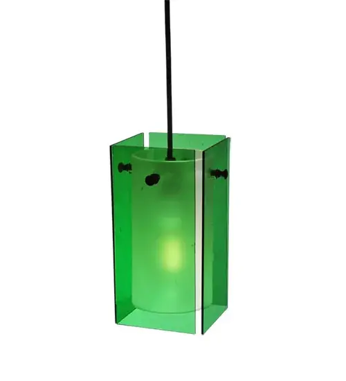 Make a dramatic design statement with our Green Confetti glass Quadrato Pendant; created with a blown glass cylinder that is available in Frost or White and surrounded by decorative art glass. Ideal for suspension over a bar; kitchen island; retail counter; dining table and a broad range of residential or commercial installations. Handcrafted of Black finished hardware in the USA. UL Listed for damp locations. - alternate view