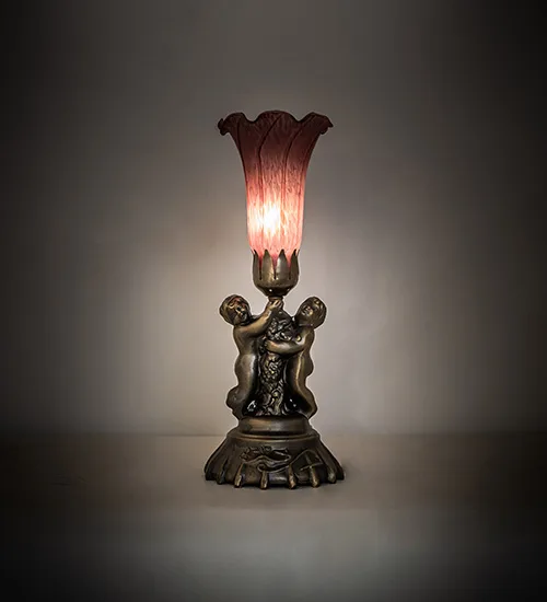 13" High Lavender Pond Lily Twin Cherub Mini Lamp