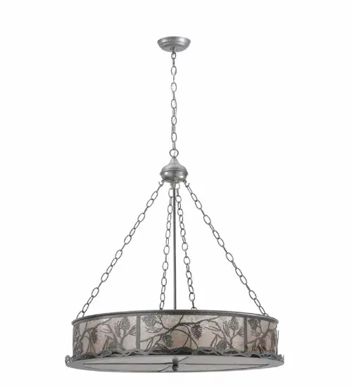 Listen closely. You can almost hear the soft whisper of the pine branches as they dance in the wind. Enjoy the warm ambiance of soft beautiful light diffused through Silver Mica panels featuring stunning pinecone and pine branch designs. Hand finished in handsome Pewter and handcrafted by Meyda Artisans in Yorkville; New York. Create the design; colors; and the size and style of your choice. Energy efficient lamping options available. - alternate view