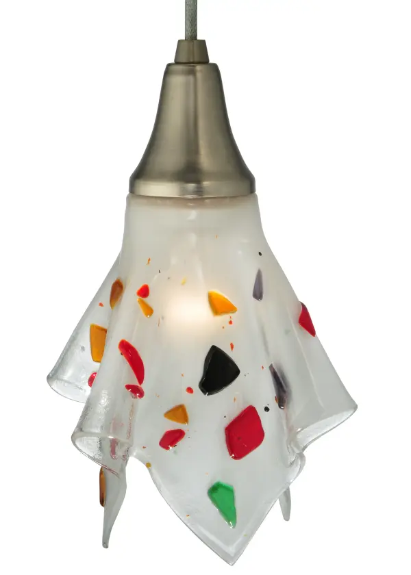 Add a fun lighting design to a home, restaurant, hotel, or retail location. Created with Red, Black, Amber, and Green Frit on Clear Fused Glass, this stunning pendant is ideal for modern homes, restaurants, and those who appreciate a work of beauty. Traditional artistry, high-fire kilns, and original tools fuse art glass in the old world tradition. This eye-catching fixture is ideal for installation in groups above bars, islands, counters, billiard tables, and dining tables in residential and hospitality locations from Palm Beach, Florida, to Austin, Texas, to Portland, Oregon. The fixture is enhanced with a Brushed Nickel finish. The overall height ranges from 15 to 75 inches, as the Cord length can be adjusted to accommodate your specific lighting application needs. The Handkerchief Bam Bam Pendant is featured in our American-made, American-designed, handcrafted Handkerchief Glass Collection and manufactured in Yorkville, New York. UL and cUL listed for dry and damp locations. Collection: Metro Fusion Finish: Brushed Nickel Glass: Clear/Multi Chips Random Notes: Custom Crafted In Yorkville, New York Please Allow 50 Days Width: 9.50" Height: 15.00" Length: 9.50" Weight: 2.00 lb Extension from Wall: 7.50" Number of Bulbs: 1 Maximum Wattage: 60.00 W Bulb Type: A19 Bulb Base: E26 Material: Metal Or Polyresin Country of Origin: USA Safety Listing: Damp Safety Rating: Damp