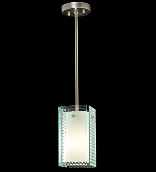Bring architectural lighting into a home; retailer; hotel or restaurant with our Quadrato Window Pane art glass pendant. This pendant is handcrafted with handsome Nickel finished brass hardware in the USA. Height can be customized. UL Listed for damp locations.