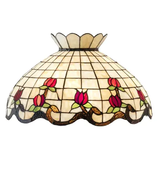Grace your home or commercial setting with the elegant Roseborder shade. This exquisitely crowned shade features a gridwork of Beige art glass adorned with a Plum Waterglass border of swirling ribbons and perfect Red Rosebuds with Green Leaf accents. The art glass shade is made of hand cut glass using the famous Meyda Tiffany copperfoil construction process. The lovely shade can be paired with a base to create a stunning table or floor lamp or matched with hardware to create a beautiful ceiling fixture. Each shade is a unique work of art with color variations based on natural ingredients inherent in the glass. Contact us if color matching is critical when ordering multiple items. Collection: Roseborder Glass: Ba Br 59 Xag Width: 20.00" Height: 11.50" Length: 20.00" Weight: 7.00 lb Country of Origin: CHINA Safety Listing: Dry Safety Rating: Dry - alternate view