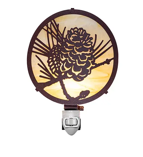 Rustic charm comes alive with soft warm ambient light through a stunning Botticino Idalight diffuser. The unique nature inspired wall fixture is accented with Rust powdercoat finished winter pinecones; pine needles and hardware. Handcrafted by Meyda artisans in our manufacturing facility at the foothills of the Adirondack Mountains. Custom designs; sizes and colors. Dimmable energy efficient lamping options. UL and cUL listed. - alternate view