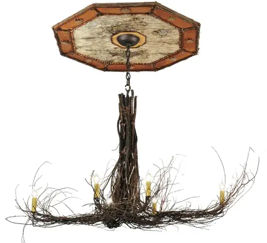 Bring home the unique; natural beauty of TWIGS with striking ceiling fixtures handcrafted of natural twigs and branches from the Great North Woods. This stunning 6 light chandelier is 48 in length and 38" wide. The 34" Birch Bark Medallion ceiling plate is handmade in the Adirondaks. Custom designs are available. Call for details. "