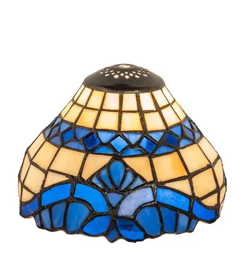 Regal scrolls and flourishes of Wedgewood Blue; with coordinating diamond accents on a Beige gridwork art glass background; adorn this exquisite Tiffany styled shade. This beautiful art glass shade is created using the famous Meyda Tiffany copperfoil construction process. Ideal for pairing with a base to create a charming table or floor lamp; or building a stunning ceiling or wall fixture with the appropriate hardware. The Baroque Shade is included in our American designed; handcrafted Tiffany Stained Glass Collection. Each shade is a unique work of art with color variations based on natural ingredients inherent in the glass. Contact us if color matching is critical when ordering multiple items.
