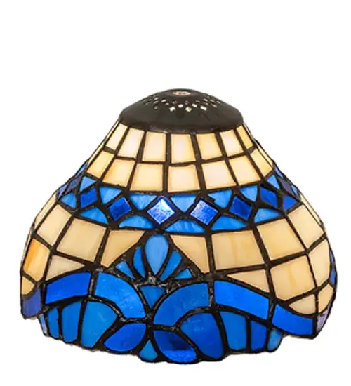 Regal scrolls and flourishes of Wedgewood Blue; with coordinating diamond accents on a Beige gridwork art glass background; adorn this exquisite Tiffany styled shade. This beautiful art glass shade is created using the famous Meyda Tiffany copperfoil construction process. Ideal for pairing with a base to create a charming table or floor lamp; or building a stunning ceiling or wall fixture with the appropriate hardware. The Baroque Shade is included in our American designed; handcrafted Tiffany Stained Glass Collection. Each shade is a unique work of art with color variations based on natural ingredients inherent in the glass. Contact us if color matching is critical when ordering multiple items. - alternate view