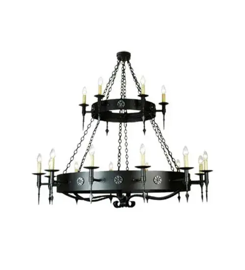 Bring Gothic Revival into your home with the elaborate Warwick Chandelier; which integrates a rustic Motif with classic style. 18 Ivory Faux candles perched atop holders on three rings featuring spearhead accents provide lighting that conjures up images of romanticized bygone days. Decorated with cast iron medallions and coated with a Dark Roast finish; it completes an evocative impression. The overall height ranges from 54 to 84 inches; as the chain length easily adjusts in the field to accommodate your specific lighting application needs. The Warwick Chandelier is included in our American-made; American-designed; handmade Gothic Lighting Collection and manufactured in Yorkville; NY. UL & cUL listed for dry and damp locations.