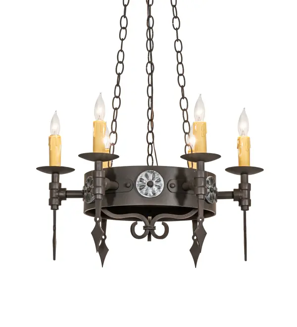 Bring Gothic Revival into your home with our elegant Warwick Chandelier. Six Antique colored faux candlelights perched atop bobeches feature spear tip accents while providing lighting that conjures up images of romanticized bygone days. Designed with cast iron medallions that are hand finished in Dark Roast. Overall height of this chandelier ranges from 26 to 56 inches as the chain length can be easily adjusted in the field. Custom crafted by highly skilled artisans in our 180;000 square foot manufacturing facility in Yorkville; New York. Candlelight colors; chandelier styles and sizes can be customized. UL and cUL listed for dry and damp locations.